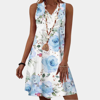 Floral pink V-neck sleeveless A-line summer dress displayed on a mannequin with a blue variant in 3XL size.