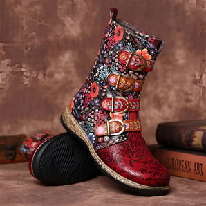 Floral Print Buckle Boots - Bohemian Mid-Calf Women's Footwear