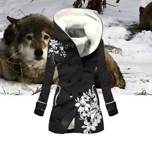 Floral Print Double-Breasted Women's Winter Coat with Fur Lining in Nero1 color, size 3XL, featuring long sleeves and a plush fur lining, suitable for cold winter weather.