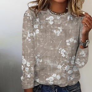 Women's long sleeve floral print linen blouse in white and grey, featuring a casual design with a collar and buttoned neck.