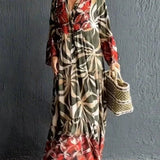 Multicolor floral print long sleeve button-front maxi dress modeled by a fashion model, showcasing the dress's joint, shoulder, neck, and waist details.