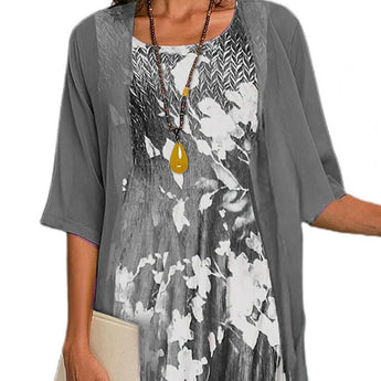 Floral Print Maxi Dress with Half Sleeves in Chiffon Material, Featuring a Bohemian Style Design.