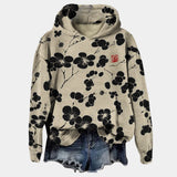 Floral Print Oversized Hoodie in Beige and Black with a cowl neck design for women, shown in size XL, featuring long sleeves and a cozy fit with a stylish floral pattern.