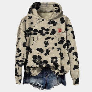 Floral Print Oversized Hoodie in Beige and Black with a cowl neck design for women, shown in size XL, featuring long sleeves and a cozy fit with a stylish floral pattern.