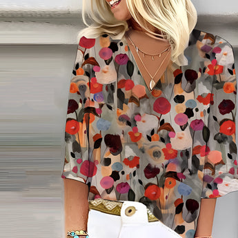 Floral Print Sheer Blouse in multicolored pattern, featuring a lightweight, flowy fabric perfect for summer. The women's fashion top has a delicate floral design in shades of pink and orange on a white base, with a sheer finish. Styled with short sleeves, a rounded neckline, and a comfortable fit in size 5XL.