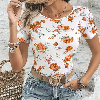 Women's Floral Print T-Shirt in White and Orange with Rose Pattern, XL size, featuring short sleeves and a round neck design.