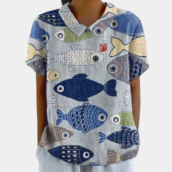 Floral print V-neck women's casual bohemian summer blouse in blue, size XL, featuring long sleeves and a flowy, relaxed fit.