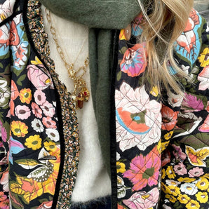 Women's trendy multicolor floral puffer jacket with a stylish collar and long sleeves, designed for winter outerwear.