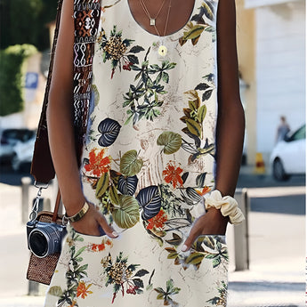 A beige floral sleeveless summer dress in size 2XL, featuring a botanical print and tropical leaf pattern, displayed on a mannequin.