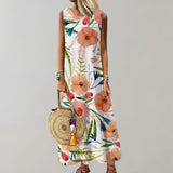 
A light botanical-patterned, sleeveless summer dress in a 5XL size, showcasing a fashionable design with intricate plant motifs.