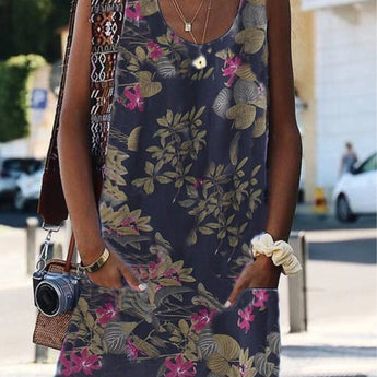 Marine blue floral sleeveless summer dress with botanical print and tropical leaf pattern in size 2XL.