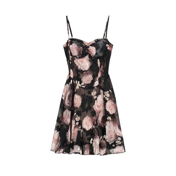 Elegant black floral strapless mini dress, sleeveless, suitable for party wear.