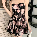 Elegant black floral strapless mini dress for party wear, featuring a fitted waist and sleeveless design.