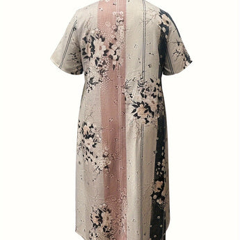 Elegant pink and black floral stripe short sleeve summer dress featuring a fitted waist, round neckline, and a chic pattern.