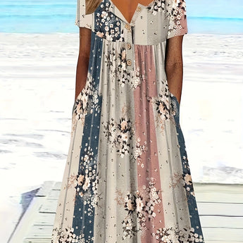 Elegant pink and black floral stripe short sleeve summer dress in size 3XL, featuring a one-piece garment design with emphasis on shoulder and arm details.
