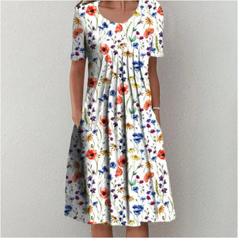 White botanical print floral summer dress for women, featuring short sleeves, a midi length, and a stylish design in a white and red color scheme, size 3XL.