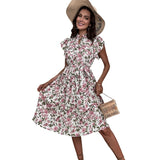 Floral summer midi dress with short sleeves and a tie waist, featuring an A-line silhouette.