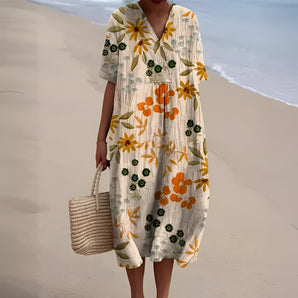 Orange Floral V-Neck Beach Dress in 4XL, lightweight and comfortable with an oversized design, featuring a vibrant floral pattern and short sleeves.