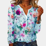 Blue floral V-neck blouse with long sleeves made from lightweight chiffon fabric in extra-large size.