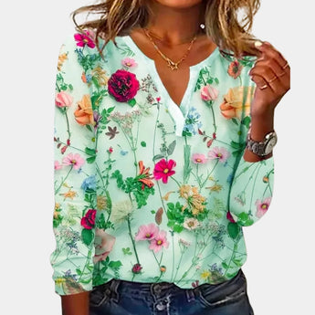 Floral V-Neck Blouse in green, lightweight long sleeve chiffon top, size XL, featuring a vibrant floral pattern and designed with a flattering V-neckline.