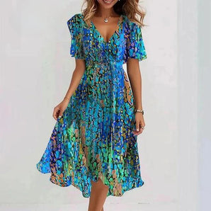 Floral V-Neck Chiffon Dress in blue multicolor, featuring a summer style design, shown in size 3XL with a delicate one-piece structure, short sleeves, and a flowing day dress silhouette.