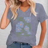 Dark green floral V-neck women's T-shirt in a gray color variant, size 3XL, showcasing eco-friendly fashion with short sleeves and a comfortable fit.