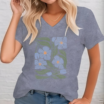 Dark green floral V-neck women's T-shirt in a gray color variant, size 3XL, showcasing eco-friendly fashion with short sleeves and a comfortable fit.