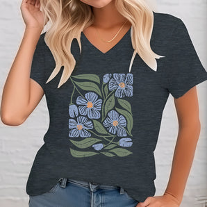 Dark gray floral V-neck women's T-shirt in size 3XL, featuring eco-friendly materials with a green and white plant pattern on the front.