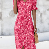 Pink floral v-neck wrap midi dress with short sleeves, suitable for summer wear, displayed in a size 3XL.