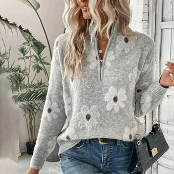 A cozy gray high-neck wool sweater with a floral design, styled for women, in size 2XL.