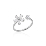 Elegant flower-shaped diamond engagement ring with marquise solitaire in silver, featuring a botanical floral design.