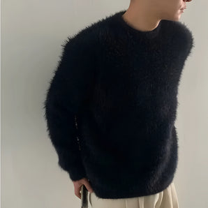 Fluffy unisex black sweater in size 2XL featuring a textured jumper design, with visible details including a collar and long sleeves; the material appears to be woolen, showcasing a stylish and cozy look.