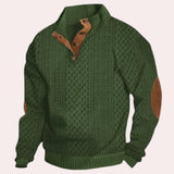Forest green men's wool cable knit sweater with elbow patches, showing long sleeves and patterned texture, available in XL size.