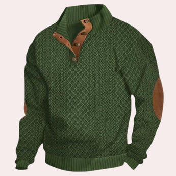 Forest green men's wool cable knit sweater with elbow patches, showing long sleeves and patterned texture, available in XL size.