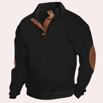 Men's cable knit sweater in forest green wool, featuring black elbow patches, a crew neck, and long sleeves in XL size.
