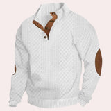 Men's forest green wool cable knit sweater with elbow patches, featuring a crew neck and long sleeves.