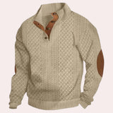 Men's forest green wool cable knit sweater with elbow patches, featuring long sleeves and a crew neck collar, displayed in an XL size with khaki color accents.
