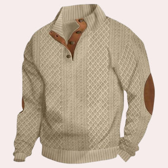 Men's forest green wool cable knit sweater with elbow patches, featuring long sleeves and a crew neck collar, displayed in an XL size with khaki color accents.
