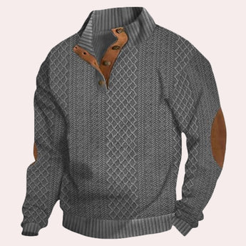 Forest green men's wool cable knit sweater with elbow patches, featuring a round neck and long sleeves. The sweater shown is in gray color, size XL.