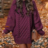 Forest green oversized cable knit sweater dress with a cozy turtleneck, featuring long sleeves and a textured pattern.