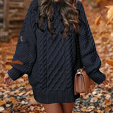 Forest green oversized cable knit sweater dress with a cozy turtleneck design, featuring long sleeves and a relaxed fit that extends to knee length.