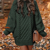 Forest Green Oversized Cable Knit Sweater Dress in dark green, featuring a cozy turtleneck and long sleeves, designed for a relaxed fit.