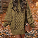 Forest green oversized cable knit sweater dress featuring a cozy turtleneck design and long sleeves, shown in a khaki color, size XL.