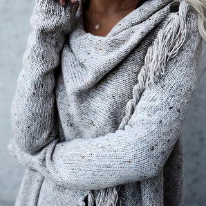 Fringe Cowl Neck Oversized Gray Sweater - Cozy Winter Knit