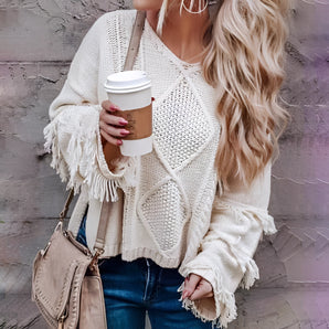 Fringed Boho Chic Sweater - Oversized Knitwear with Tassels