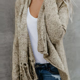 A fringed gray bohemian wool cowl neck sweater in 2XL, featuring chic winter knitwear with long sleeves and a cozy design in khaki.