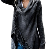 Fringed gray bohemian wool cowl neck sweater with long sleeves and chic winter knitwear design in size 2XL, displayed in black.