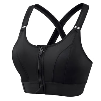 Women's sports bra with front-zip closure, featuring high support and cross-back design, in black color, size 3XL.