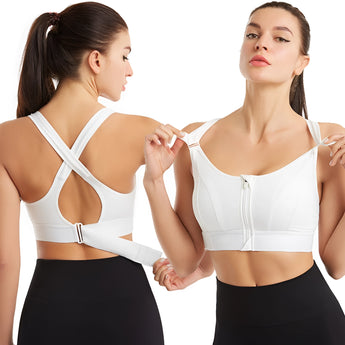 Woman wearing a front-zip high support cross-back sports bra, showcasing the design and fit across the shoulders and waist.