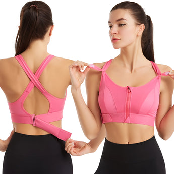 Women's front-zip sports bra in pink with high support and cross-back design.